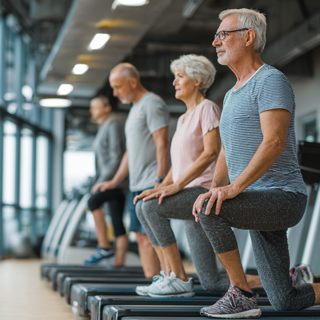 Група людей виконує фітнес-вправи в сучасному залі під керівництвом тренера