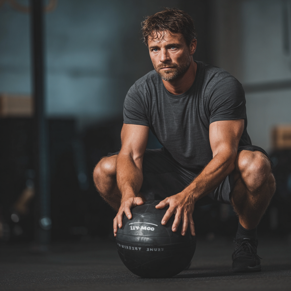 Атлет виконує функціональні вправи з медболом у сучасному тренажерному залі